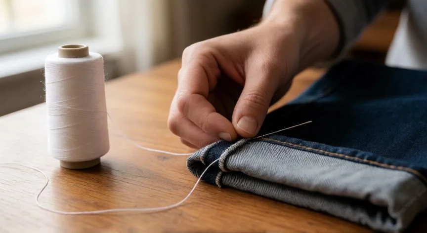 Manos cosiendo el bajo de unos pantalones vaqueros a mano con aguja e hilo