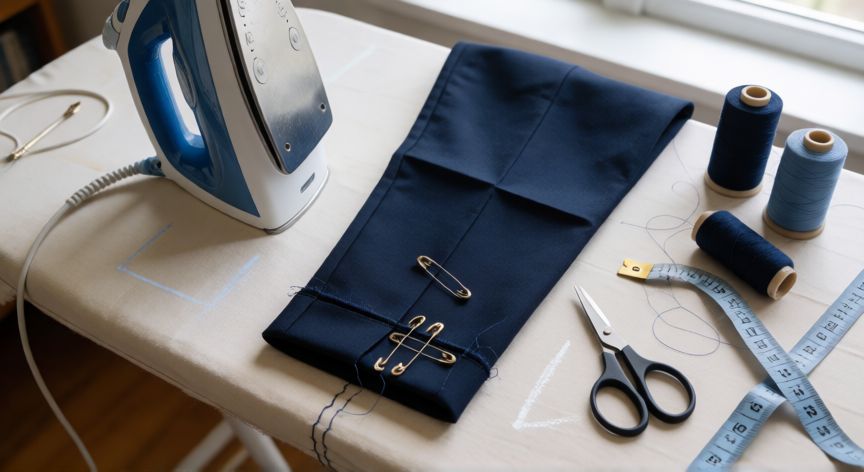 como coser bajos de pantalones a mano, Mesa de trabajo con pantalón a medio coser, plancha, alfileres e hilos para hacer el dobladillo