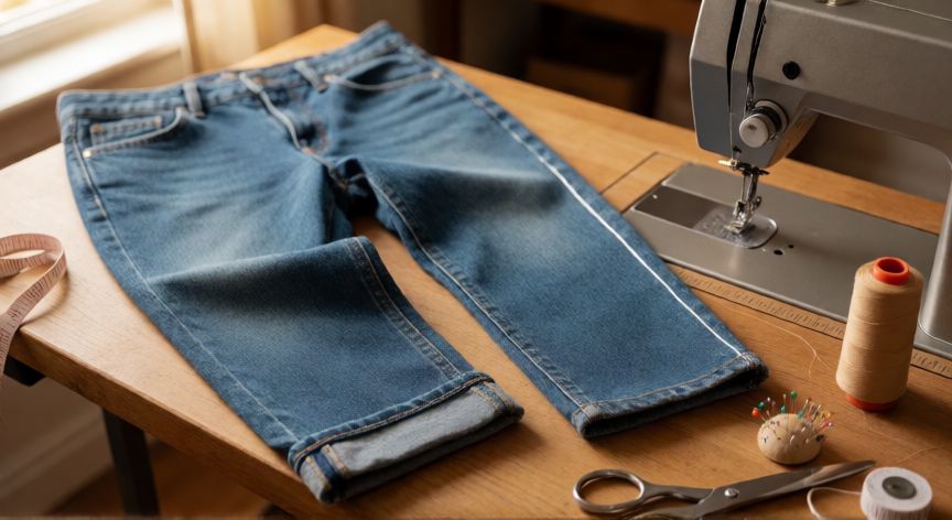 como coser bajos de vaqueros, Vaqueros de mezclilla sobre mesa de costura con dobladillo ya cosido en una pernera y línea de corte marcada en la otra