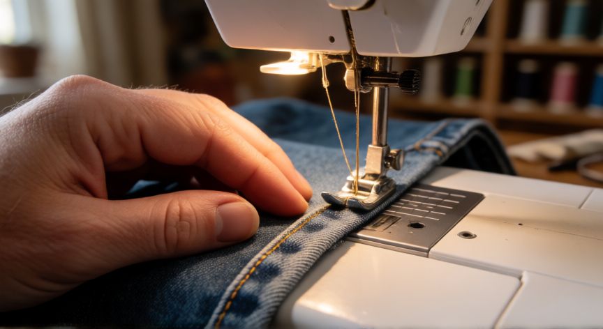 como coser bajos de vaqueros, Manos cosiendo el dobladillo de un vaquero en máquina de coser con puntada recta doble e hilo dorado