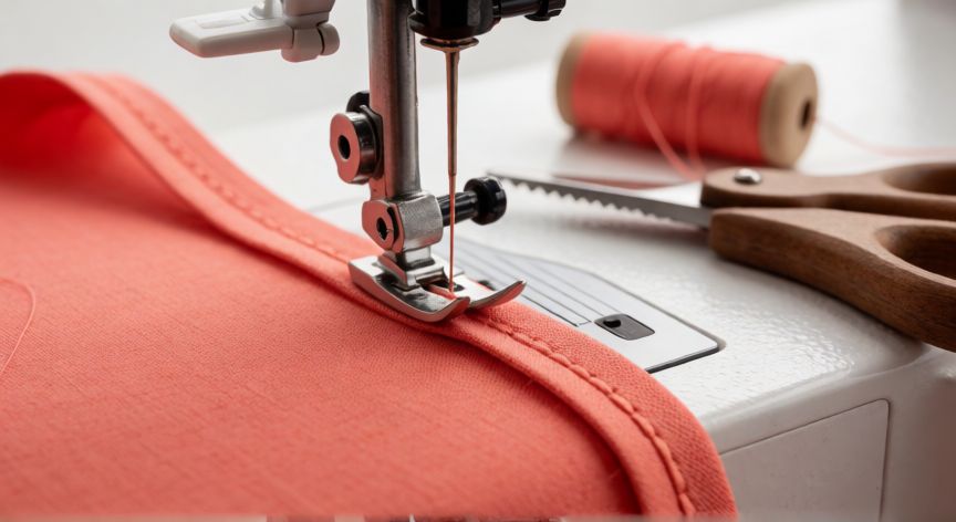 como coser bies, Máquina de coser cosiendo bies en el borde curvo de una tela de color coral