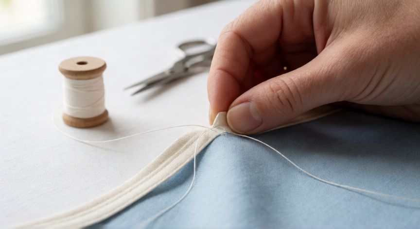 como coser bies a mano, Manos cosiendo bies a mano sobre el borde de una tela de algodón con aguja e hilo blanco