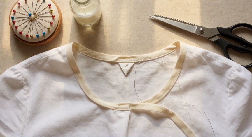 como coser bies a mano, Vista cenital de un cuello redondo con bies en proceso de cosido a mano, tijeras de puntilla y alfileres alrededor