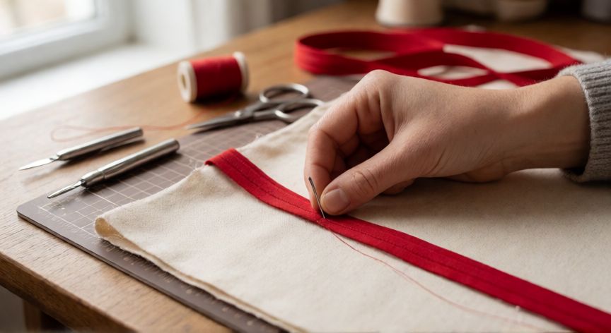 como coser bies de adorno, Manos cosiendo bies de adorno rojo sobre tela de algodón con máquina de coser