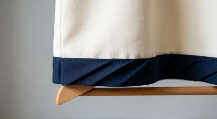 como coser bies de adorno, Bies de adorno azul marino cosido como remate decorativo en el bajo de una prenda