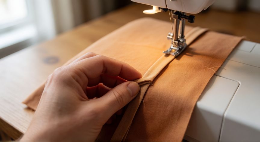 como coser bies en una esquina, Manos cosiendo bies en la esquina de una tela sobre una máquina de coser con corte diagonal aplicado