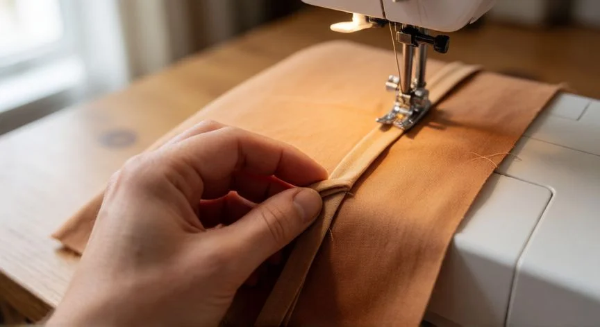 Manos cosiendo bies en la esquina de una tela sobre una máquina de coser con corte diagonal aplicado