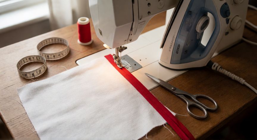 como coser bies fácil, Paso de coser bies rojo sobre tela de lino blanca con máquina de coser y plancha al vapor