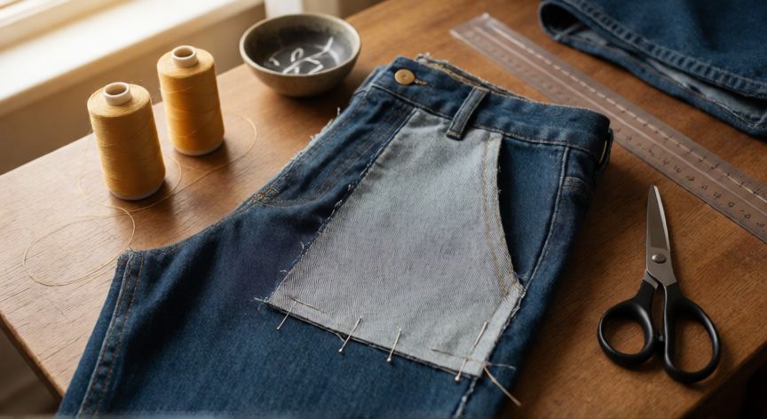 como coser bolsillos laterales, Bolsillo lateral de mezclilla en proceso de costura sobre mesa de trabajo con agujas y tijeras