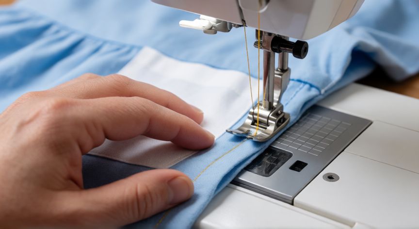 como coser bolsillos laterales, Manos cosiendo costura lateral con bolsillo integrado en máquina de coser doméstica