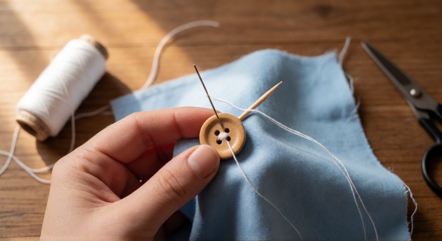 como coser botones, Manos cosiendo un botón de madera sobre tela de algodón con aguja e hilo blanco