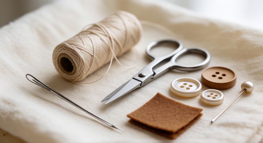 como coser botones, Kit de costura con aguja, hilo, tijeras y botones de distintos tamaños sobre lino crema