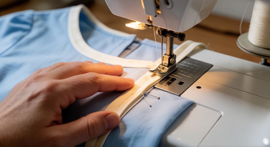como coser cinta al bies a máquina, Manos cosiendo cinta al bies crema en el cuello de una blusa azul con máquina de coser