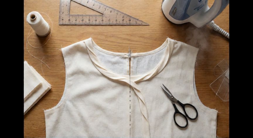 como coser cinta al bies a máquina, Vista cenital de mesa de costura con cinta al bies curvada, tijeras, regla triangular y plancha con vapor