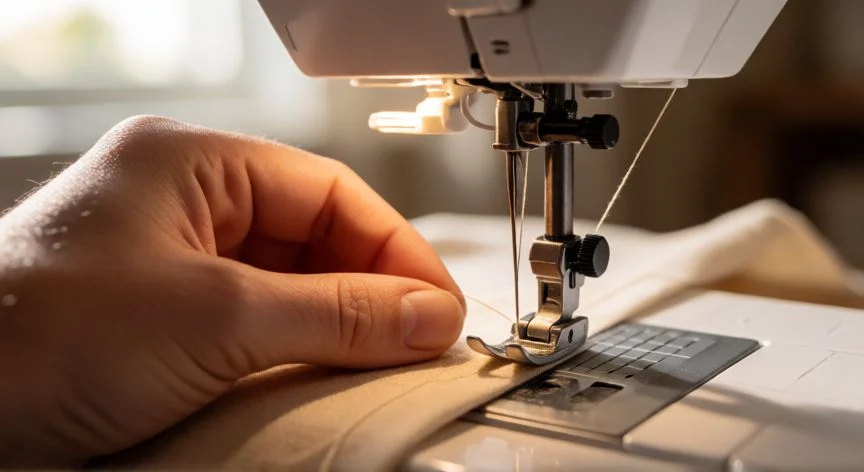como coser con 2 agujas, Manos enhebrando una aguja doble (twin needle) en una máquina de coser doméstica