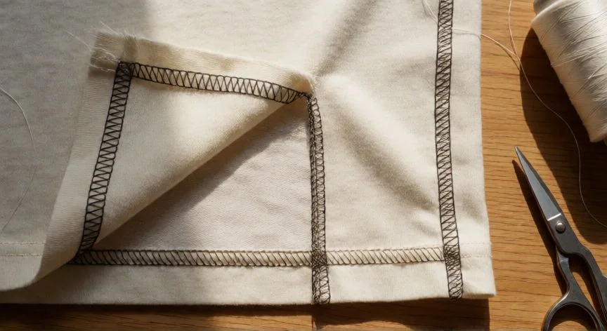 como coser con 2 agujas, Acabado de dobladillo cosido con aguja doble: dos líneas paralelas en el derecho y zigzag en el revés