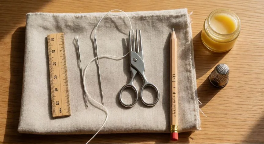 como coser con 2 agujas a mano, Mesa de trabajo con agujas, hilo y herramientas para costura manual con doble aguja