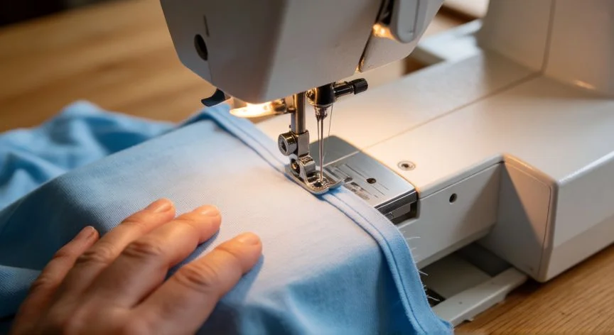 como coser con 2 agujas a maquina, Máquina de coser doméstica con aguja gemela instalada cosiendo tejido de punto con dos líneas paralelas
