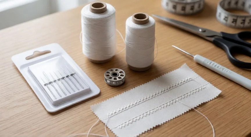 como coser con 2 agujas a maquina, Accesorios para coser con aguja doble: paquete de agujas gemelas, hilos, bobina y muestra de costura acabada