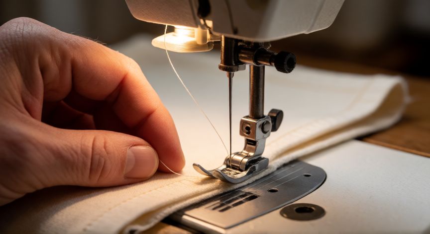 como coser con aguja doble, Manos enhebrando una aguja doble en una máquina de coser doméstica con tela de algodón