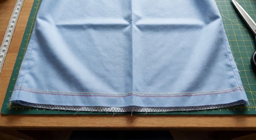 como coser con aguja doble, Dobladillo cosido con aguja doble mostrando dos líneas paralelas en el derecho y zigzag en el revés
