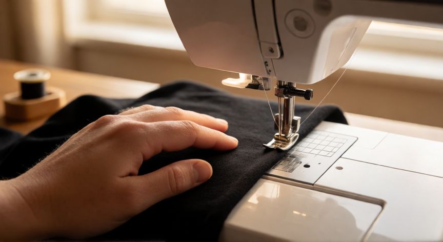como coser con hilo elastico, Manos cosiendo tejido de punto negro con hilo elástico en máquina de coser doméstica