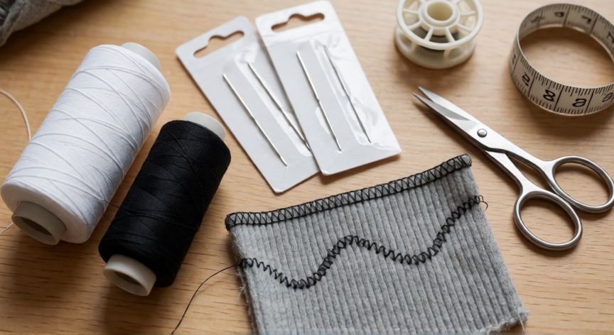 como coser con hilo elastico, Vista cenital de materiales de costura con hilo elástico, agujas stretch y muestra de puntada zigzag estirada