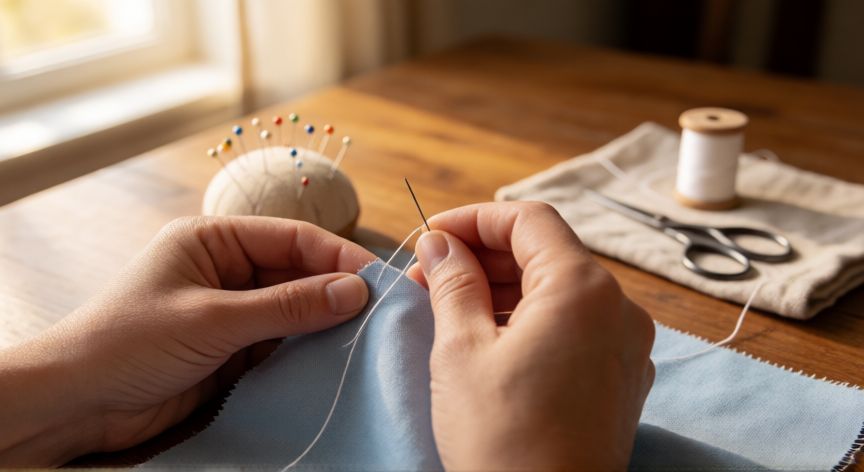 como coser con hilo y aguja, Manos cosiendo a mano con aguja e hilo blanco sobre tela de algodón azul en una mesa de madera