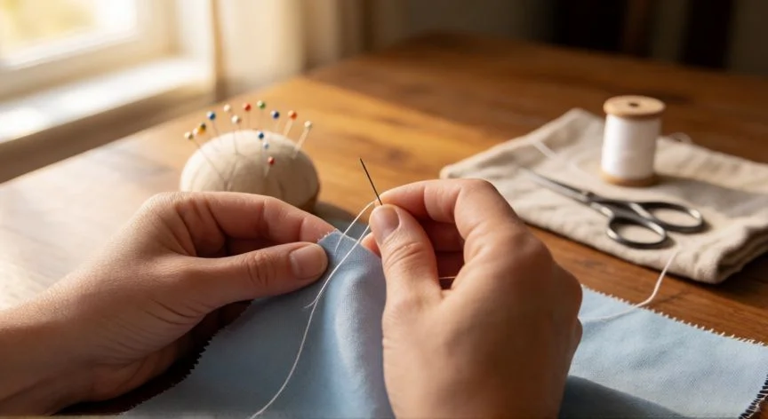 Manos cosiendo a mano con aguja e hilo blanco sobre tela de algodón azul en una mesa de madera