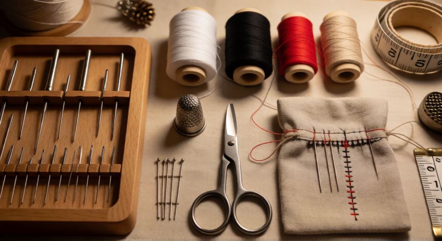 como coser con hilo y aguja, Mesa de costura a mano con agujas, bobinas de hilo de colores, tijeras de sastre y una bolsa de lino a medio coser