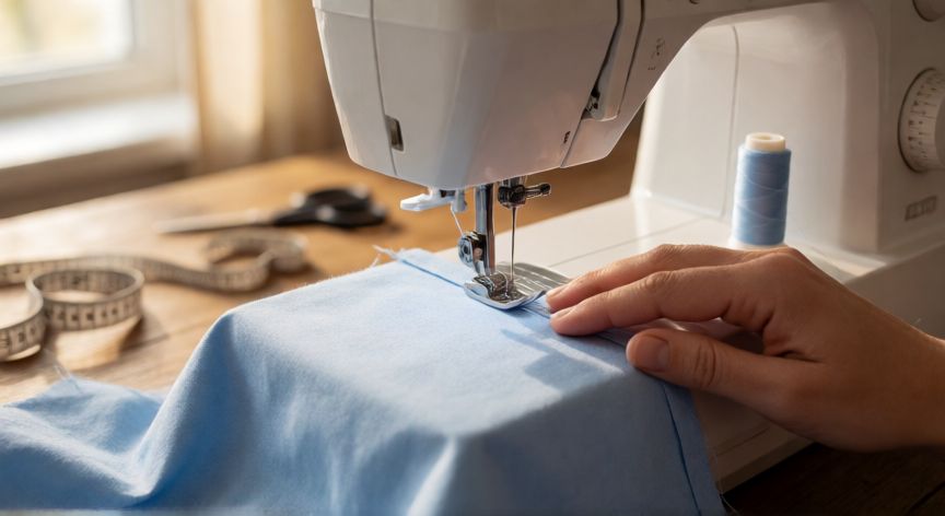 como coser con maquina, Manos guiando tela bajo la aguja de una máquina de coser doméstica