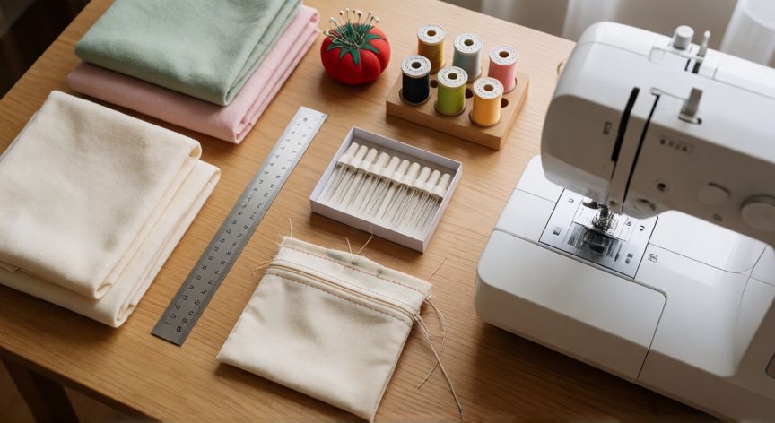 como coser con maquina, Mesa de trabajo de costura con máquina de coser, hilos, agujas y retales de tela organizados