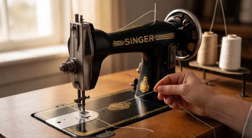 como coser con máquina singer antigua, Manos enhebrando una máquina de coser Singer 221 vintage sobre mesa de madera