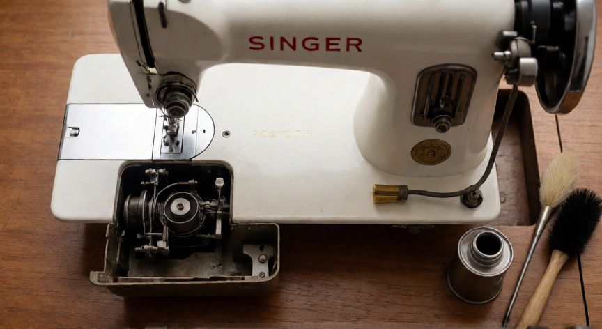 como coser con máquina singer antigua, Vista superior de Singer 66 con compartimento de bobina abierto y herramientas de mantenimiento
