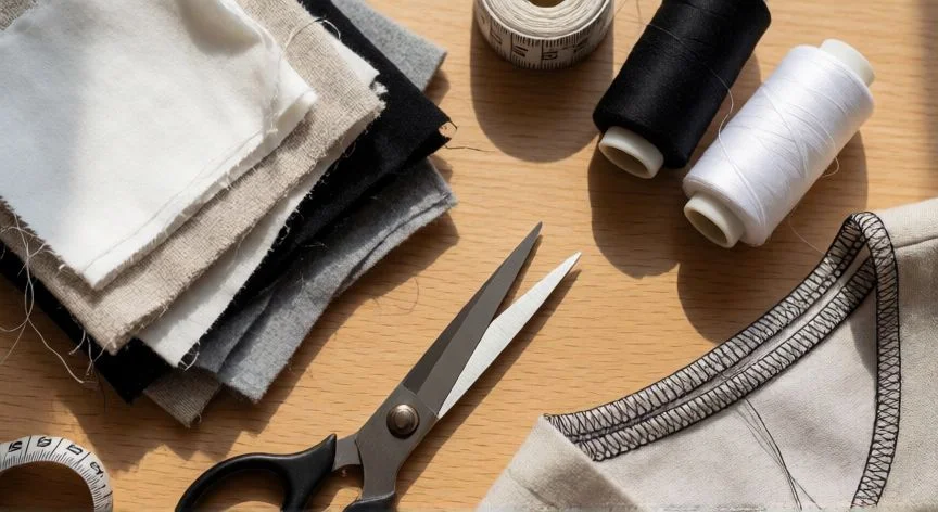 como coser con overlock 2 hilos, Mesa de costura con retales de tela, tijeras, hilos y una costura overlock de 2 hilos terminada