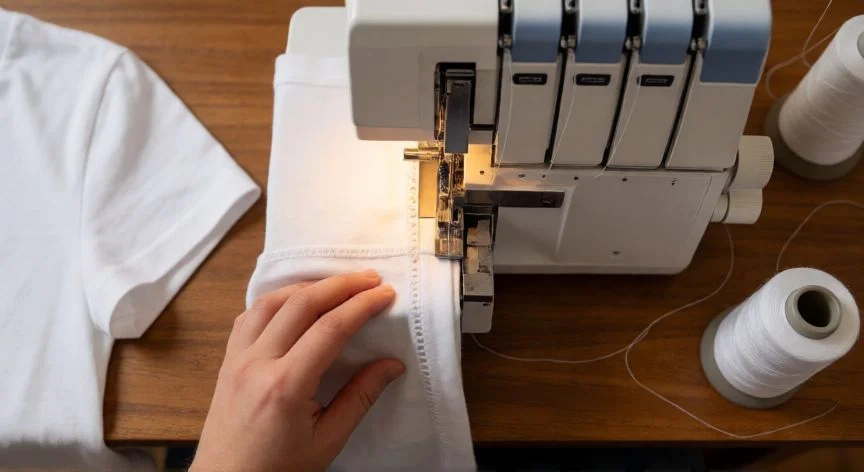 como coser con overlock 3 hilos, Manos doblando el bajo de una camiseta blanca para coser con overlock de 3 hilos