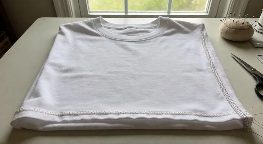 como coser con overlock 4 hilos, Doblado de camiseta cosido con costura overlock de 4 hilos mostrando las dos líneas paralelas