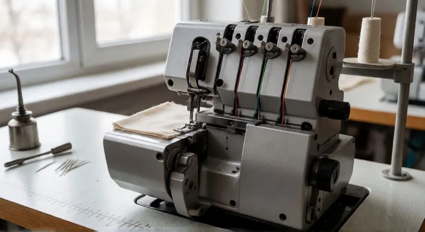 como coser con overlock 4 hilos industrial, Overlock industrial de 4 hilos con hilos enhebrados de colores en su recorrido de guías
