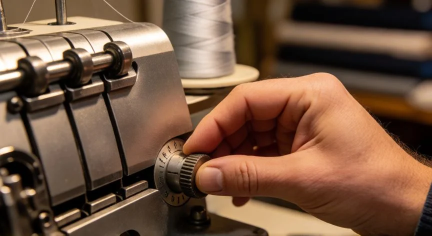como coser con overlock 4 hilos industrial, Ajuste de la rueda de tensión en una overlock industrial de 4 hilos