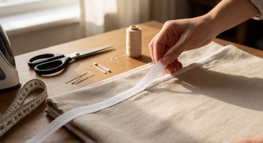 como coser cortinas con cinta, Manos colocando cinta de cortina sobre el dobladillo superior de una tela de lino