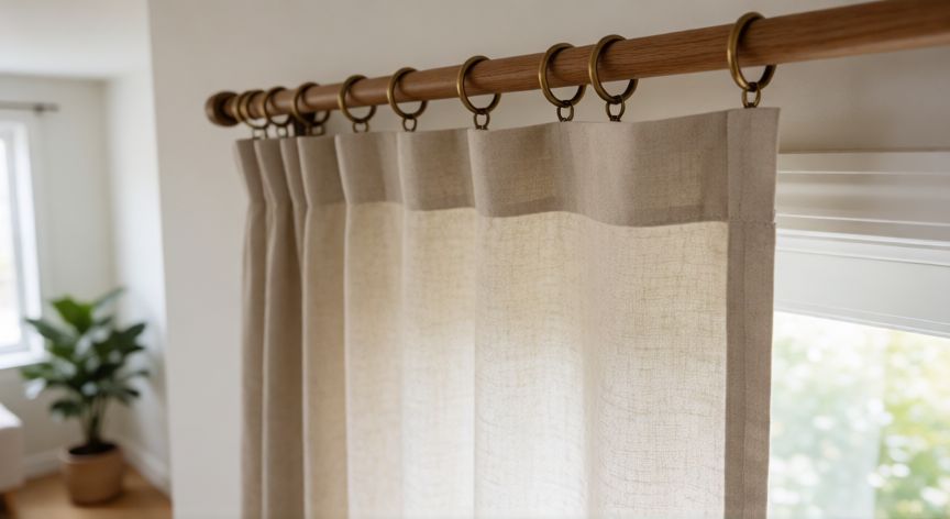 como coser cortinas con cinta, Cortina de lino beige cosida con cinta, colgada de barra de madera con aros