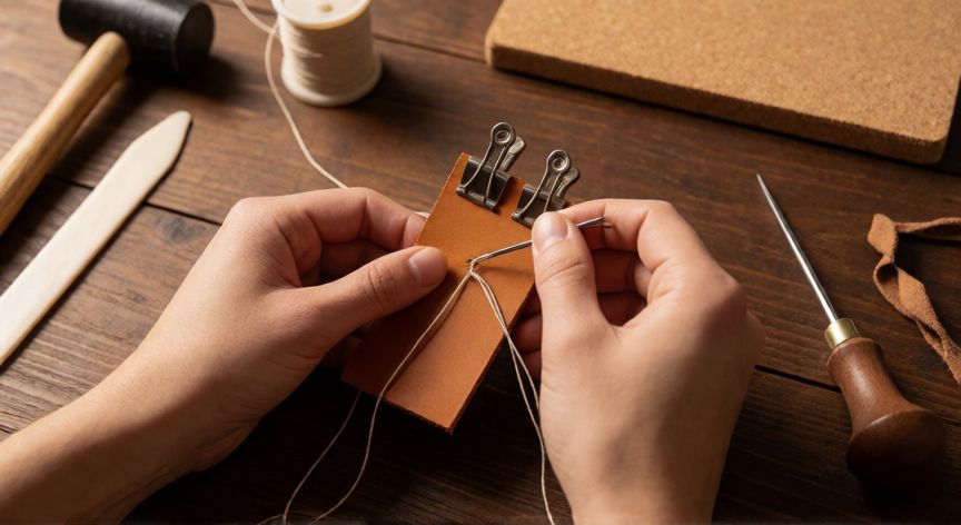como coser cuero a mano, Manos cosiendo cuero a mano con aguja y hilo encerado sobre mesa de trabajo artesanal