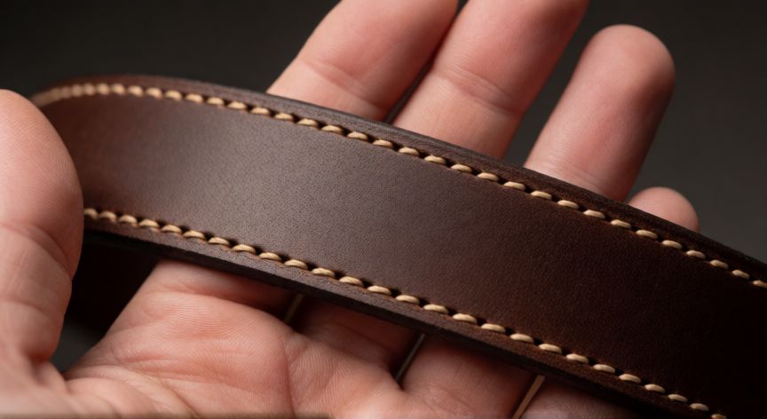 como coser cuero a mano, Detalle de costura a mano tipo saddle stitch en correa de cuero marrón