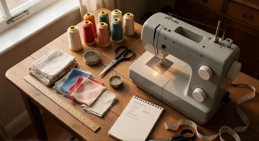 como coser desde 0, Mesa de trabajo de costura con máquina de coser, hilos, tijeras y retales de tela