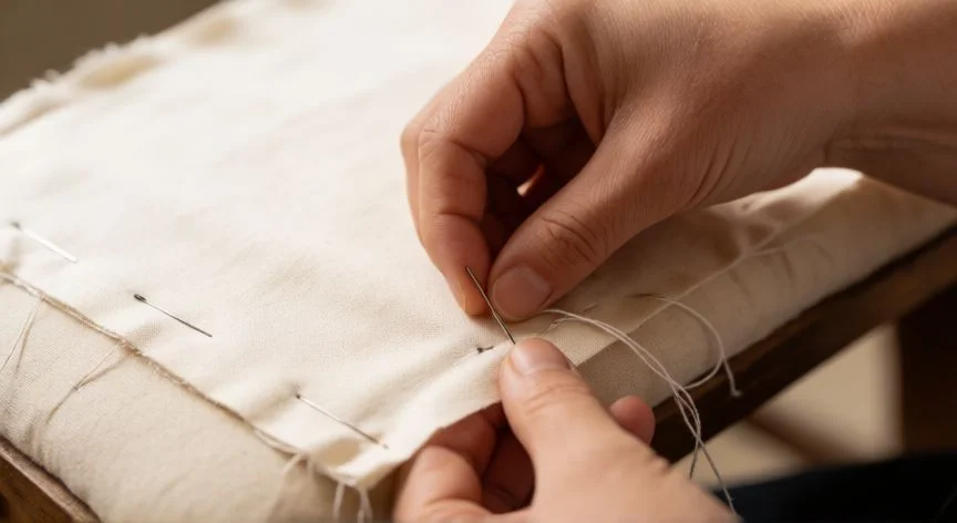 como coser desde 0, Manos realizando una puntada recta a mano sobre tela de algodón