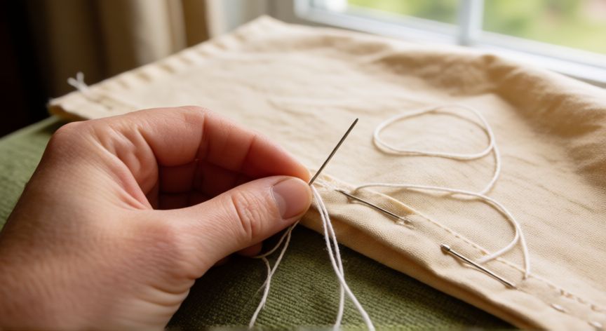 como coser dobladillo a mano, Manos cosiendo un dobladillo a mano con puntada ciega sobre tela de algodón