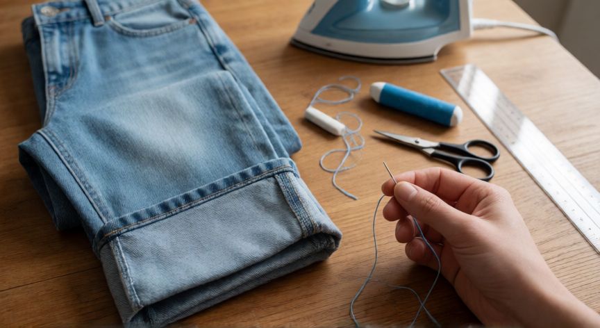 como coser dobladillo a mano, Mesa de trabajo con materiales para coser un dobladillo a mano en pantalones vaqueros