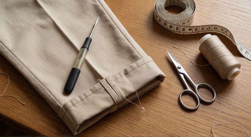 como coser dobladillo a maquina, Vista cenital de mesa de costura con dobladillo doblado y alfiletero en pantalón de algodón beige