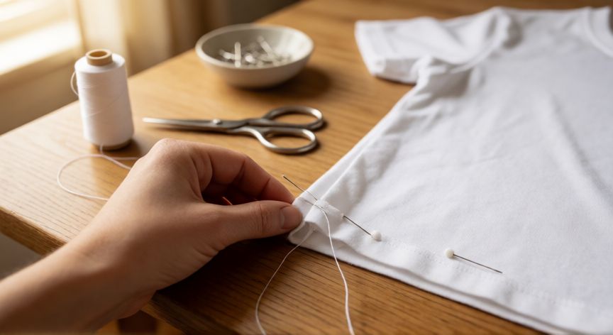 como coser dobladillo camiseta, Manos cosiendo el dobladillo de una camiseta blanca con alfileres y hilo de poliéster sobre mesa de madera