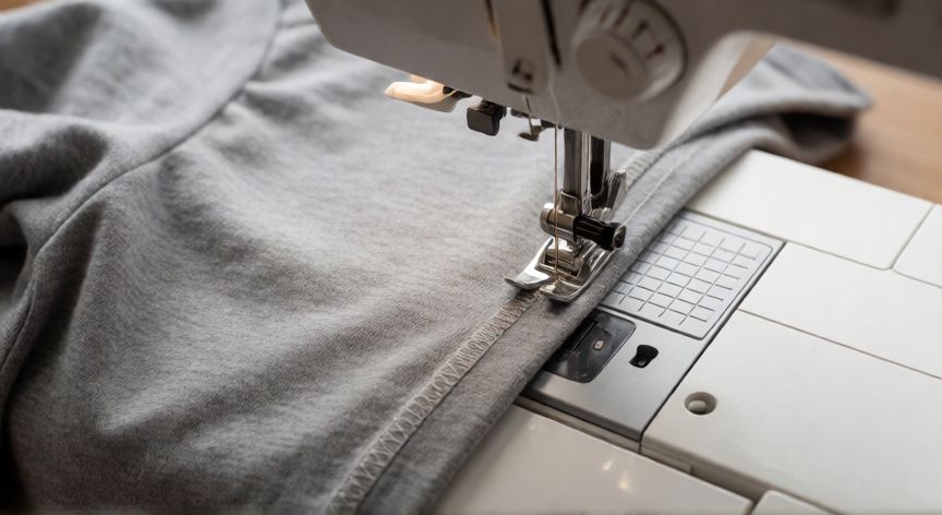 como coser dobladillo camiseta, Máquina de coser realizando puntada zigzag en el dobladillo de una camiseta gris melange de punto